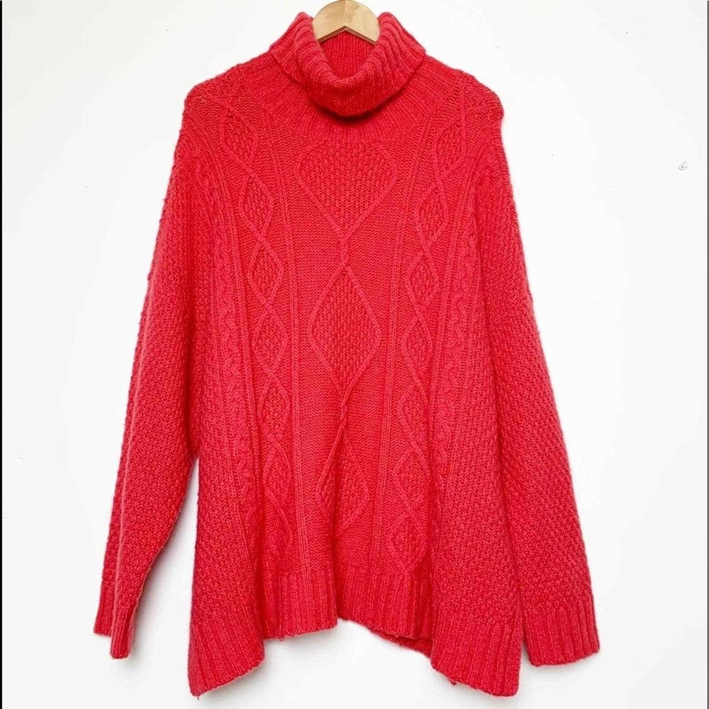 Aerie Red Chunky oversized Knit Turtleneck‎ Sweater Cable Knit Diamond Pattern